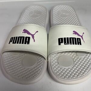 Puma White Slide Sandals with Purple Logo